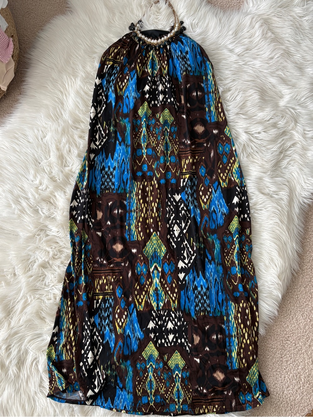 Beaded Halter Maxi Dress with Blue & Brown Tribal Print